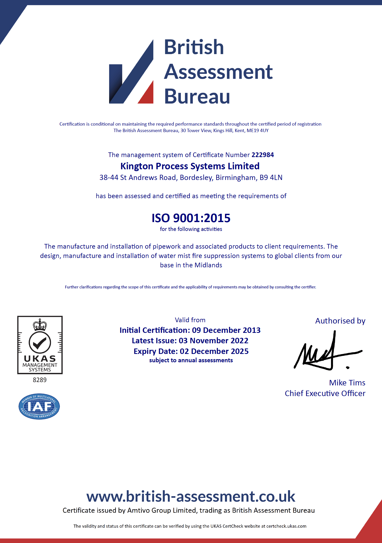 Kington Process Ltd ISO 9001:2015